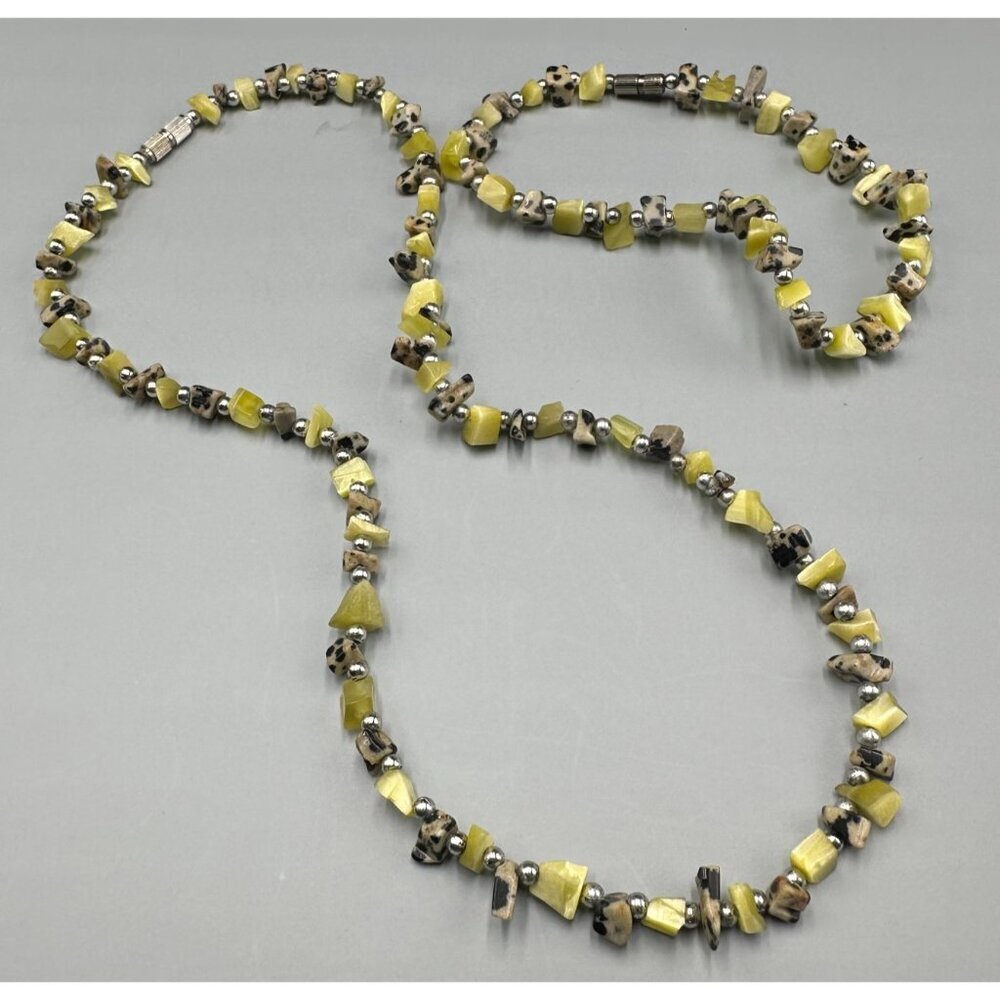 Dalmatian Jasper Green Stone Chip Necklace Bracelet Set Beaded Boho Lightweight